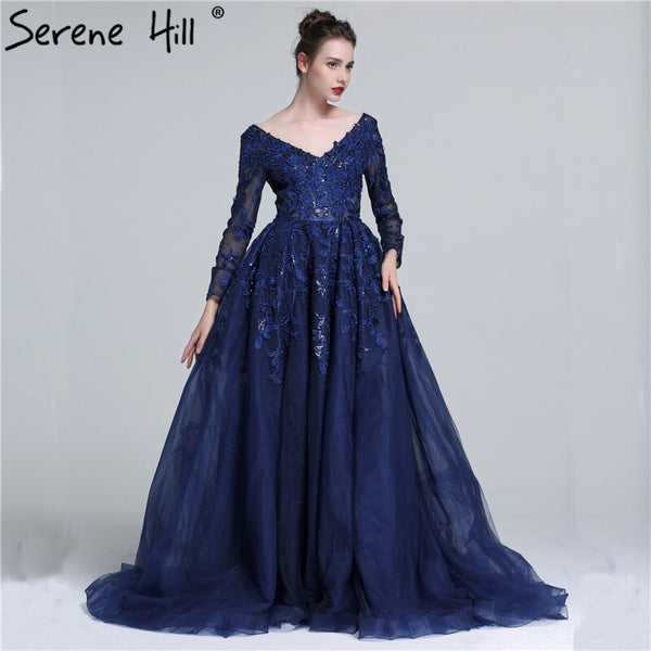 Sale Serene Hill 2025 Dark Blue Deep-V Tulle Evening Dresses Newest Long Sleeve Appliques Sequined Gowns LA6099