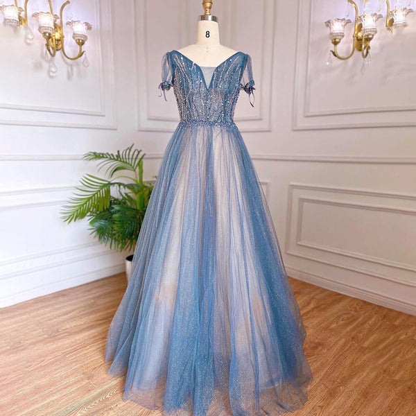 Serene Hill A-Line Blue Luxury Evening Dresses Gowns 2025 Beaded Short Sleeves Lace Up Arabic For Women Party LA70840