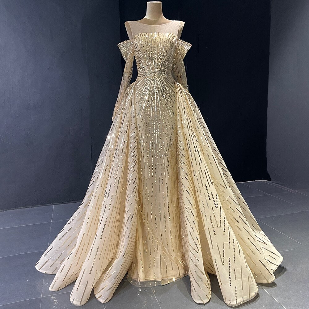 Serene Hill Advanced Customization Gold Mermaid Elegant Sparkle Evening Dresses Long Sleeves With Skirt Not Removable LA71695 - SERENE HILL