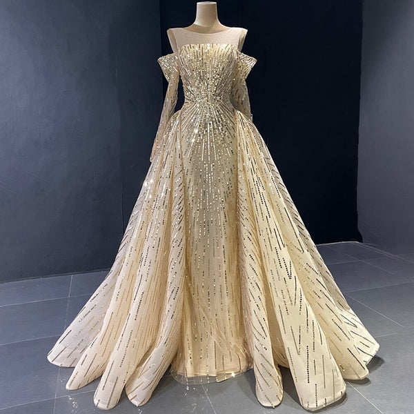 Serene Hill Advanced Customization Gold Mermaid Elegant Sparkle Evening Dresses Long Sleeves With Skirt Not Removable LA71695