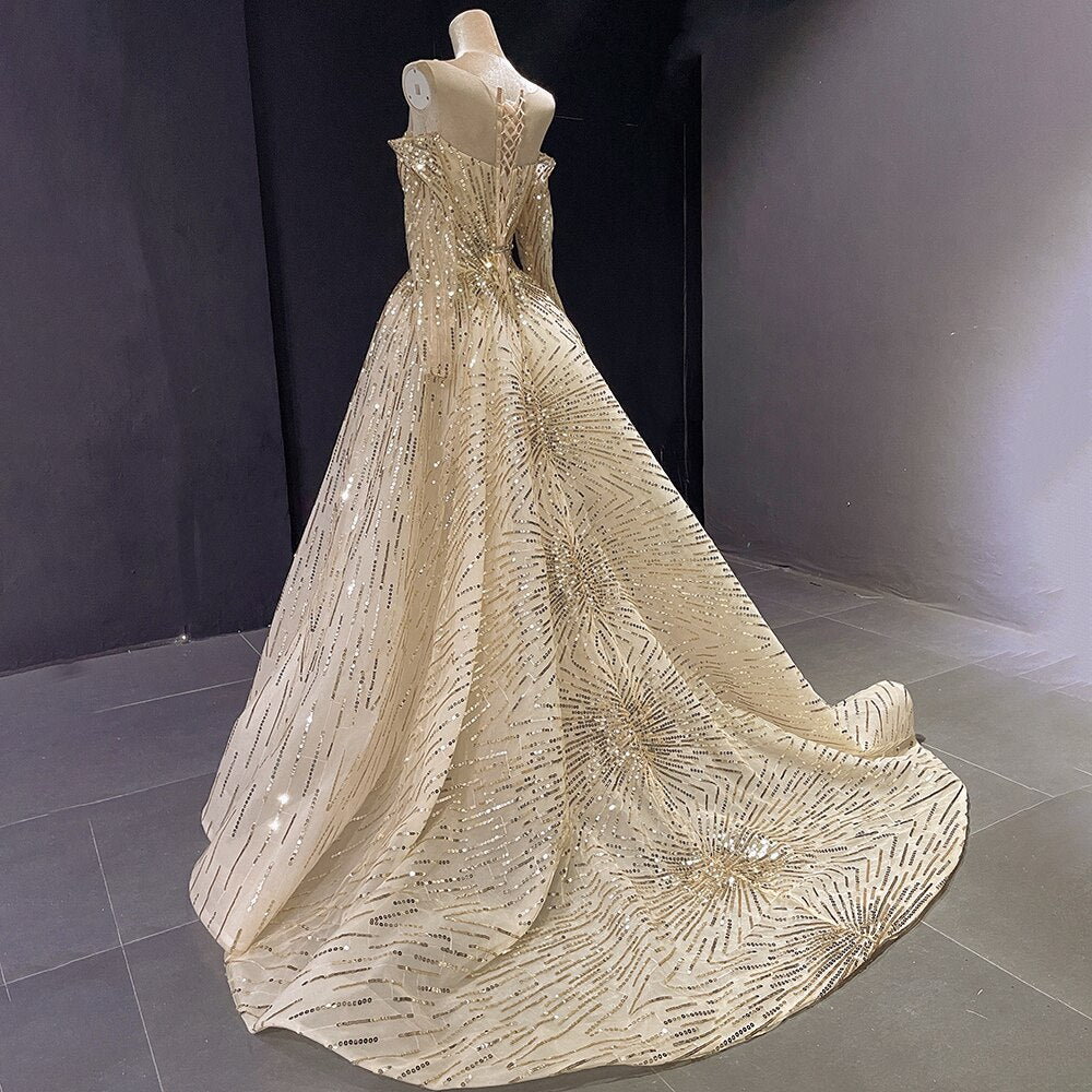 Serene Hill Advanced Customization Gold Mermaid Elegant Sparkle Evening Dresses Long Sleeves With Skirt Not Removable LA71695 - SERENE HILL