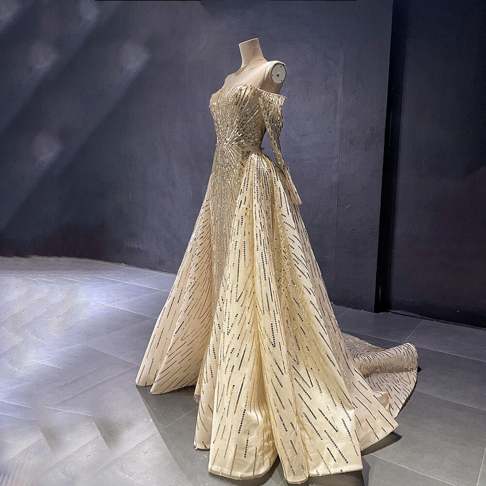 Serene Hill Advanced Customization Gold Mermaid Elegant Sparkle Evening Dresses Long Sleeves With Skirt Not Removable LA71695 - SERENE HILL