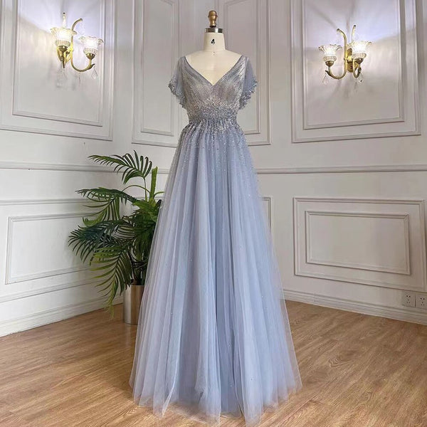 Serene Hill Arabic A-Line Blue Sexy V NECK Luxury Beaded Dubai Evening Dresses For Women Elegant Party 2025 LA71899
