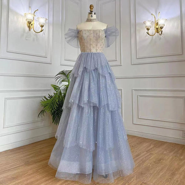 Serene Hill Arabic Blue A-Line Sexy Boat Neck Beaded Lace Up Luxury Dubai Evening Dresses Gowns 2025 For Women Party LA71898