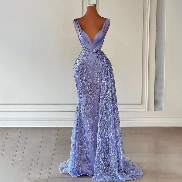 Serene Hill Arabic Blue Mermaid Elegant With Skirt Sexy Deep V-Neck Evening Dresses Gowns Beaded 2025 For Women Party LA71751