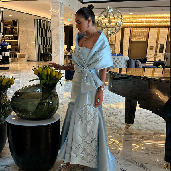 Luxury Dubai Blue Mermaid Arabic Evening Dresses with Cape Shawl  LA71895