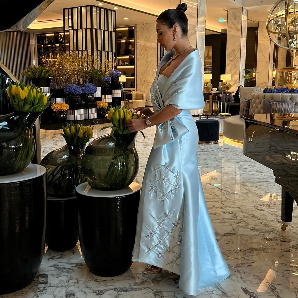 Luxury Dubai Blue Mermaid Arabic Evening Dresses with Cape Shawl LA71895 - SERENE HILL