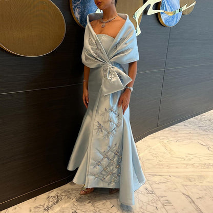 Luxury Dubai Blue Mermaid Arabic Evening Dresses with Cape Shawl LA71895 - SERENE HILL