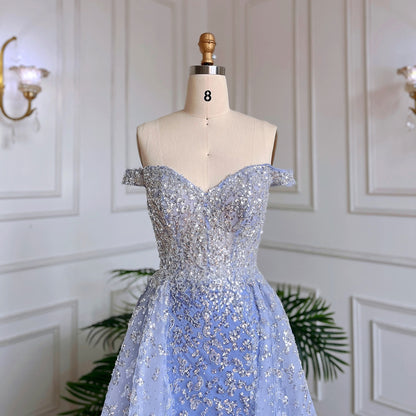 Dubai Luxury Blue Beaded Mermaid Evening Dress with Overskirt LA71796A - SERENE HILL