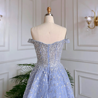 Dubai Luxury Blue Beaded Mermaid Evening Dress with Overskirt LA71796A - SERENE HILL