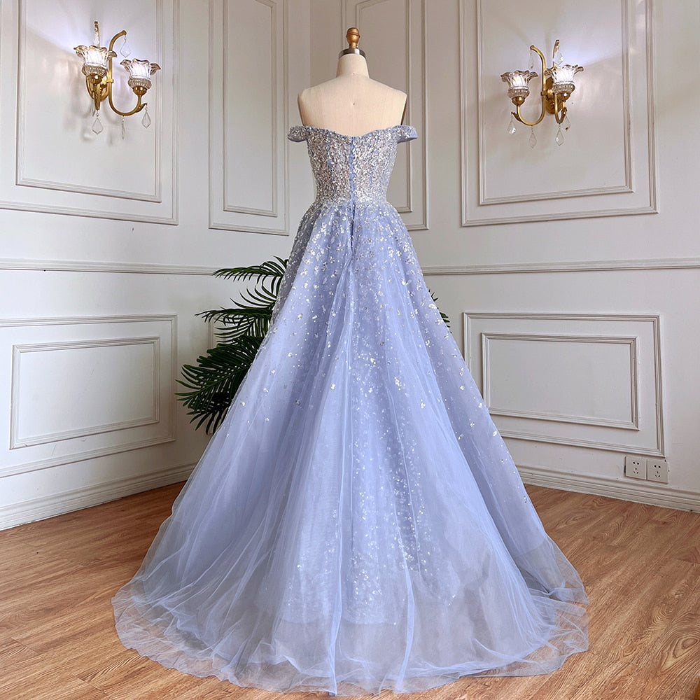 Dubai Luxury Blue Beaded Mermaid Evening Dress with Overskirt LA71796A - SERENE HILL