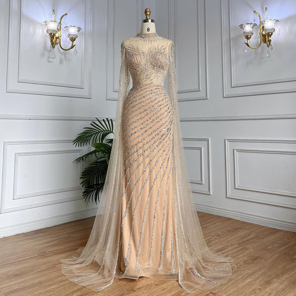 saudi arabia evening dresses Luxurious Beaded Lace gold sequin evening gown with Full Sleeves for Women