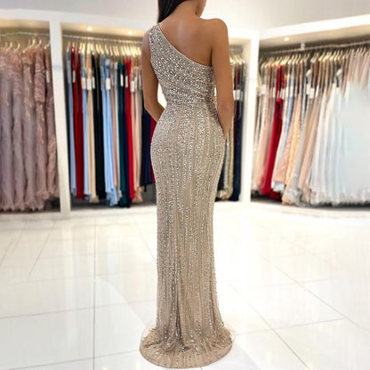 Serene Hill Arabic Caramel Mermaid Sexy One Shoulder Beaded Elegant Evening Dresses Gowns 2025 For Women Wedding Party LA71918 - SERENE HILL