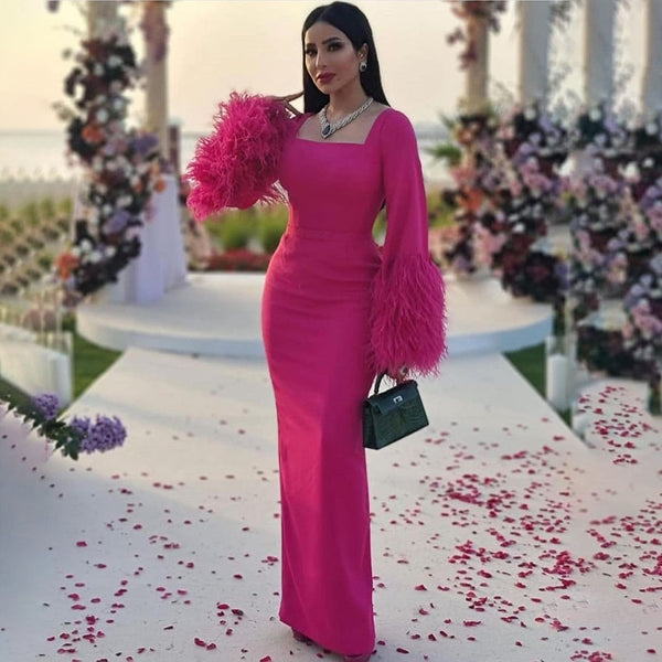 Serene Hill Arabic Fuchsia Elegant Mermaid Sexy Feathers Evening Dresses Gowns 2025 For Women Wedding Party LA71987