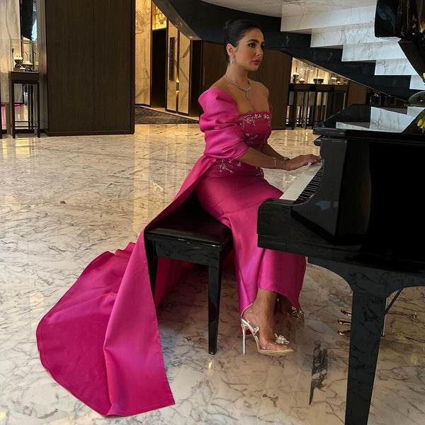 Fuchsia Mermaid Dubai Luxury Evening Dresses with Cape Shawl LA71896