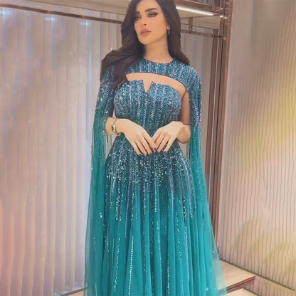 Luxury Dubai Fuchsia Evening Dress with Cape Sleeves LA71912 - SERENE HILL