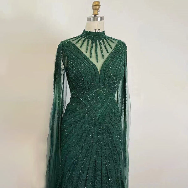 Serene Hill Arabic Green Elegant Cape Sleeves Mermaid Lace Beaded Evening Dresses Gowns 2025 For Women Wedding Party LA71929