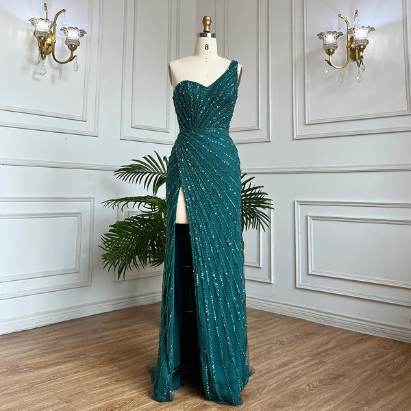 Serene Hill Arabic Green Elegant Mermaid Sexy High Split Beaded Long Evening Dresses Gowns 2025 For Women Wedding Party LA71779A