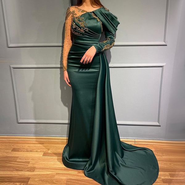 Serene Hill Arabic Green Mermaid V-Neck Evening Dresses Gowns Elegant Overskirt Luxury Lace Beaded 2025 For Women Party LA71578