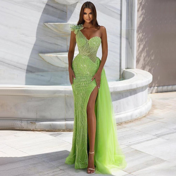 Serene Hill Arabic Lemen One Shoulder Mermaid Sexy High Split Beaded Evening Dresses Gowns 2025 For Women Wedding Party LA71968
