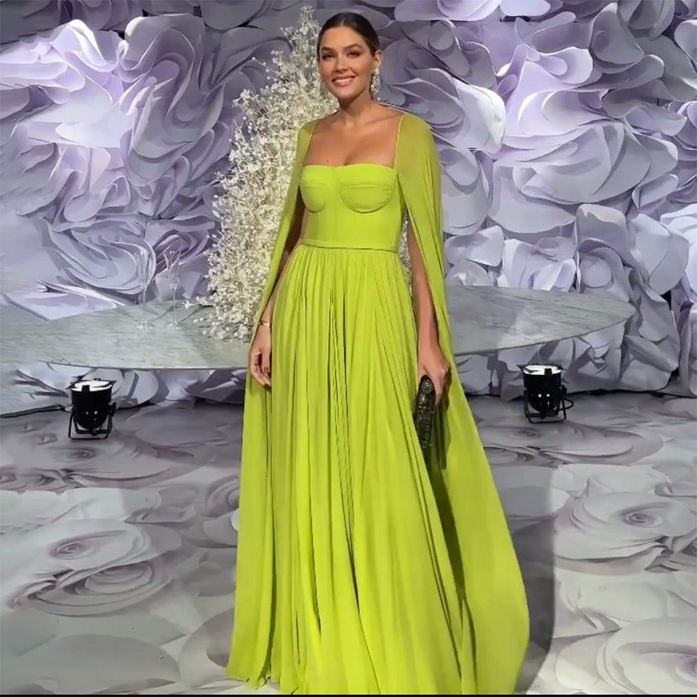 Saudi Arabic Lemon Yellow Dubai Evening Dresses with Cape LA71988 - SERENE HILL