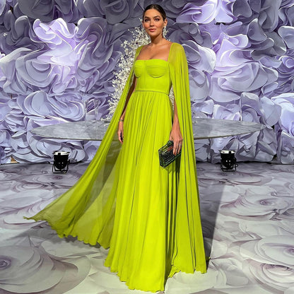 Saudi Arabic Lemon Yellow Dubai Evening Dresses with Cape LA71988 - SERENE HILL