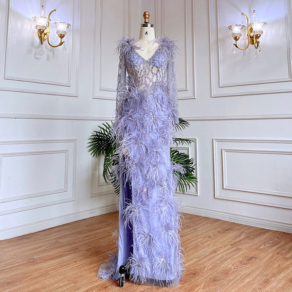 Serene Hill Arabic Lilac Mermaid Sexy High Split With Skirt Beaded Feathers Evening Dresses Gowns 2025 For Women Party LA71989