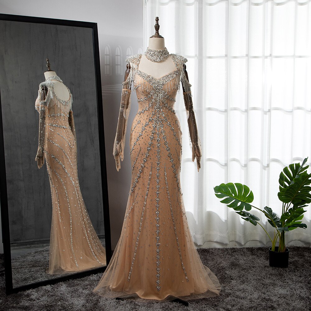 Serene Hill Luxury Arabic Nude Kendall Jenner Mermaid Evening Dresses Beaded Tassel LA71540 Nude / 4