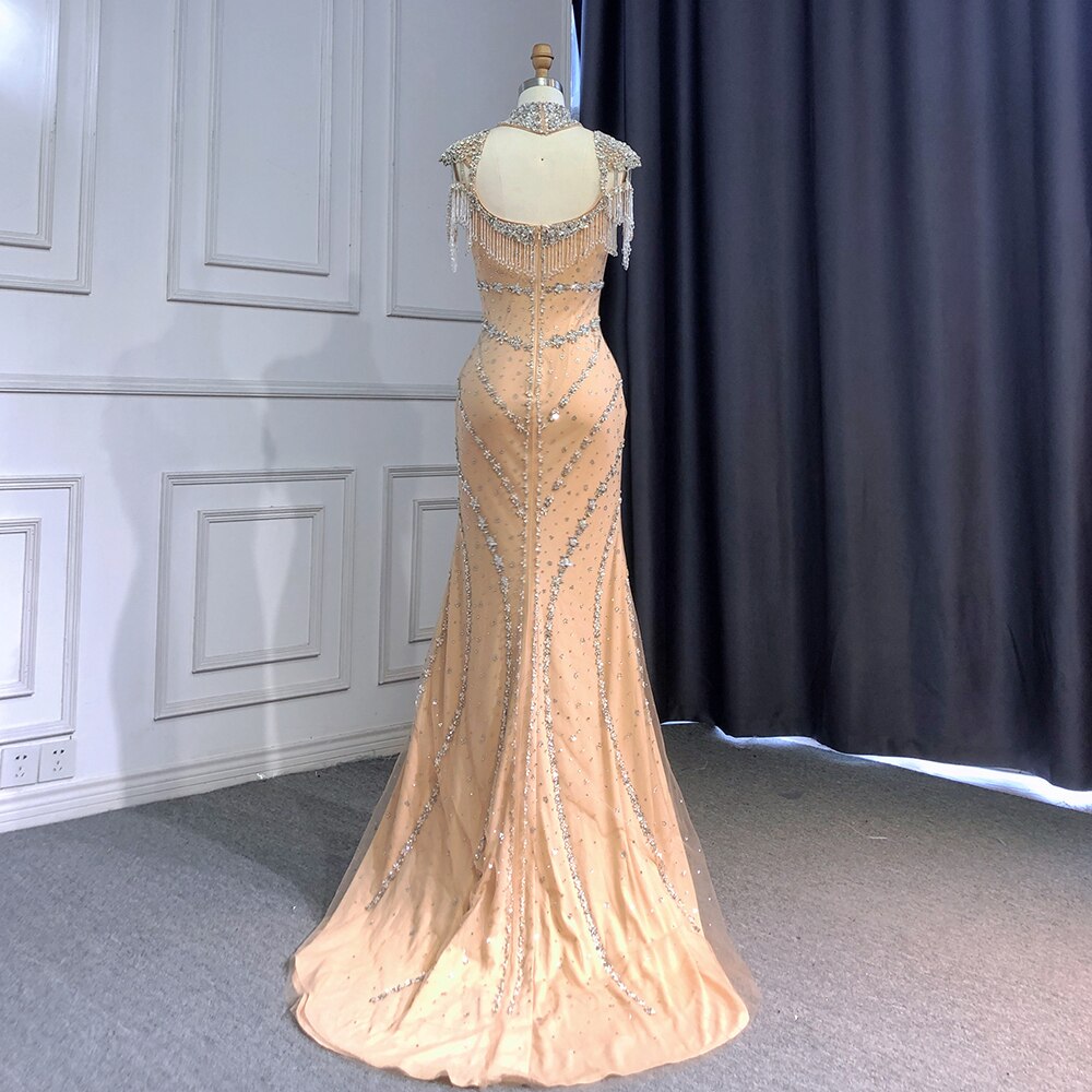 Luxury Arabic Nude Kendall Jenner Mermaid Evening Dress Beaded Tassel LA71540 - SERENE HILL