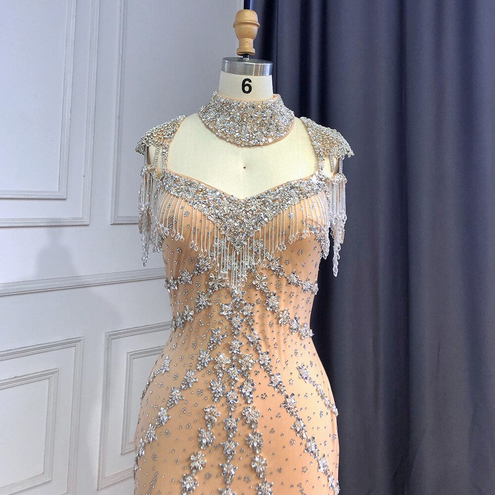 Luxury Arabic Nude Kendall Jenner Mermaid Evening Dress Beaded Tassel LA71540 - SERENE HILL
