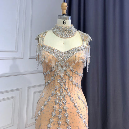 Luxury Arabic Nude Kendall Jenner Mermaid Evening Dress Beaded Tassel LA71540 - SERENE HILL