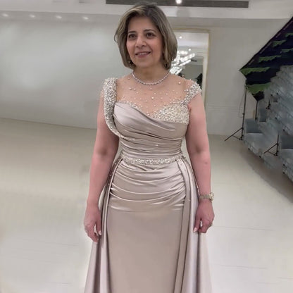 Serene Hill Arabic Nude Mermaid Elegant Satin With Overskirt Evening Dresses Gowns Luxury Beaded 2025 For Women Party LA71725 - SERENE HILL