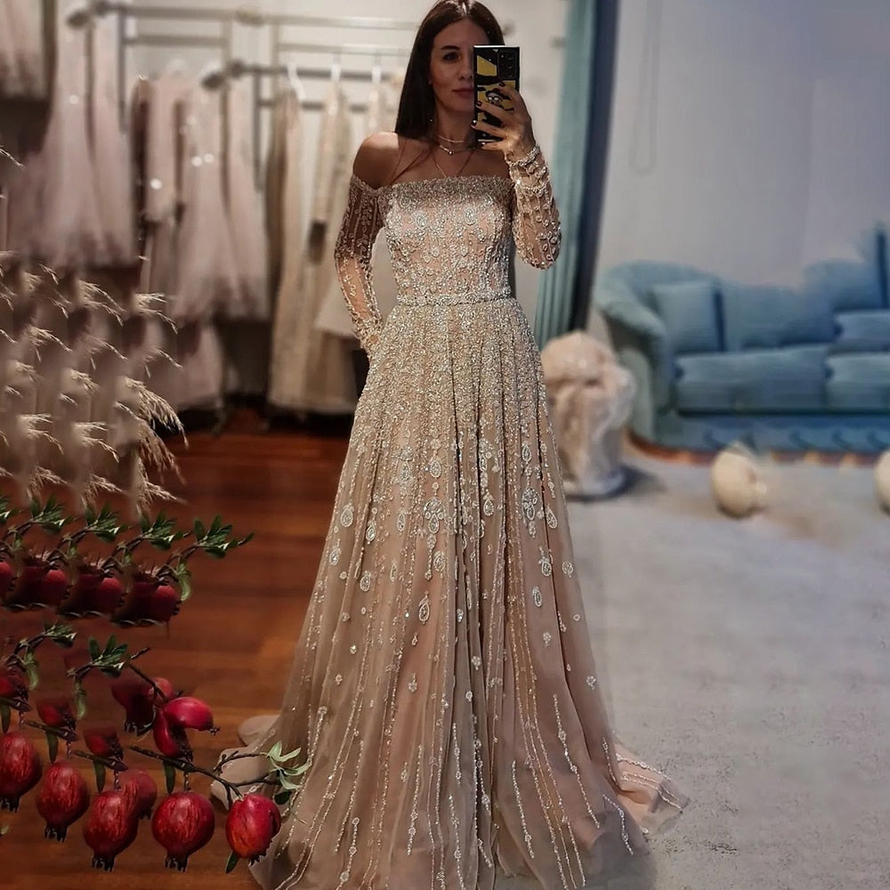 Luxury Dubai Evening Dress Elegant Off Shoulder Long Sleeves LA71803B nude / 2
