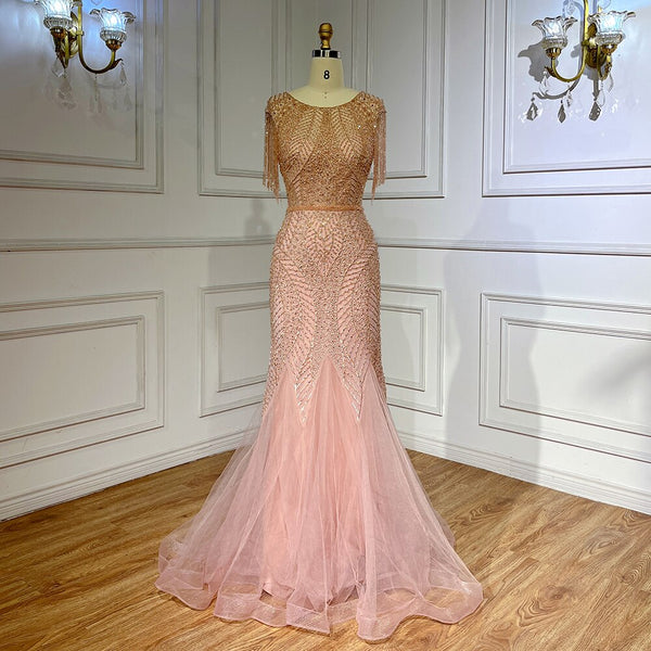 Serene Hill Arabic Peach Mermaid Elegant Tassel Beaded Luxury Evening Dresses Gowns 2025 For Women Wedding Party LA71843