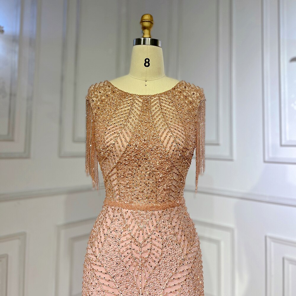 Serene Hill Arabic Peach Mermaid Elegant Tassel Beaded Luxury Evening Dresses Gowns 2025 For Women Wedding Party LA71843 - SERENE HILL