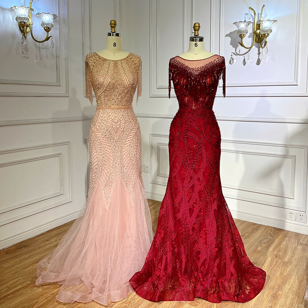 Serene Hill Arabic Peach Mermaid Elegant Tassel Beaded Luxury Evening Dresses Gowns 2025 For Women Wedding Party LA71843 - SERENE HILL