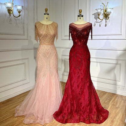 Serene Hill Arabic Peach Mermaid Elegant Tassel Beaded Luxury Evening Dresses Gowns 2025 For Women Wedding Party LA71843 - SERENE HILL