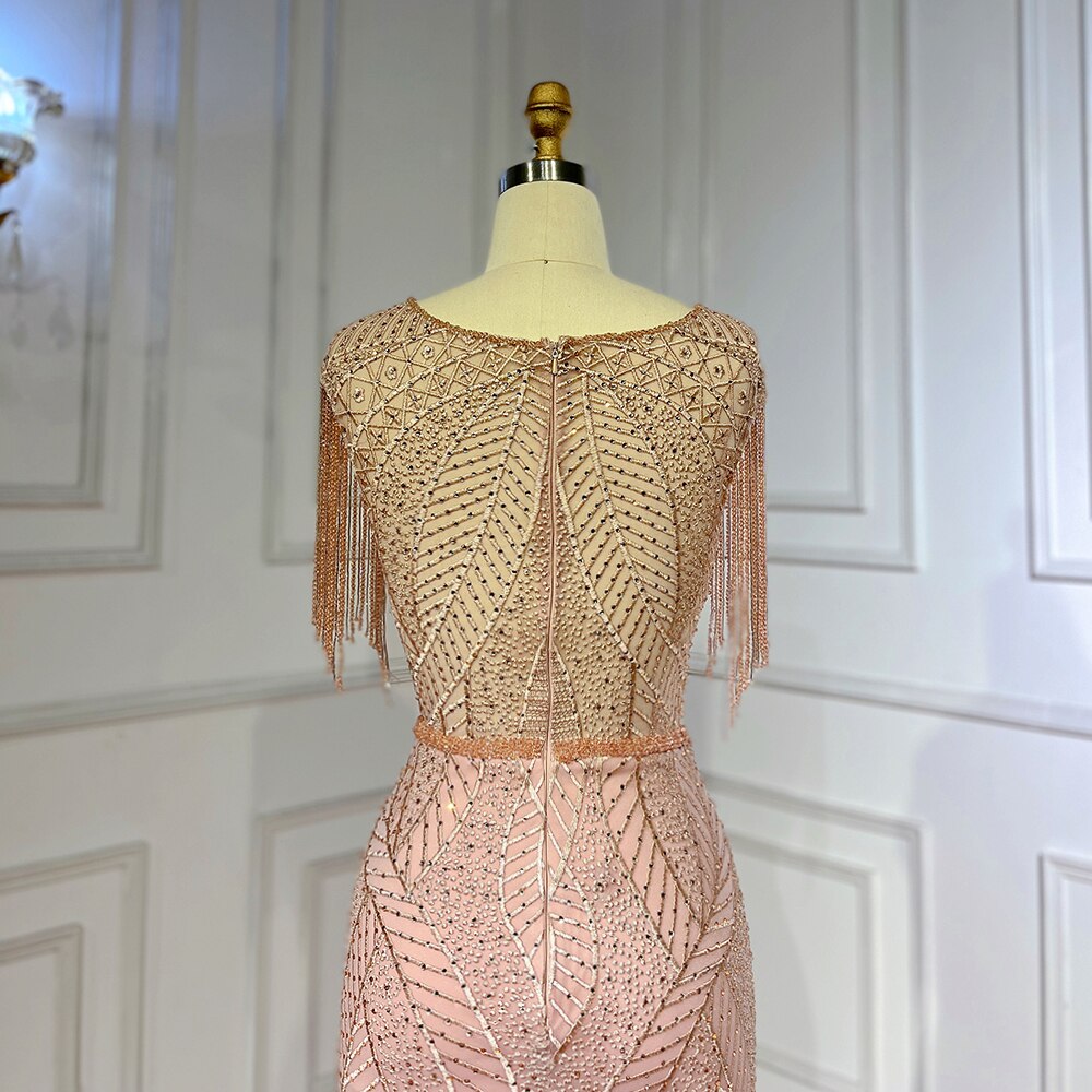 Serene Hill Arabic Peach Mermaid Elegant Tassel Beaded Luxury Evening Dresses Gowns 2025 For Women Wedding Party LA71843 - SERENE HILL