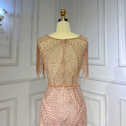 Serene Hill Arabic Peach Mermaid Elegant Tassel Beaded Luxury Evening Dresses Gowns 2025 For Women Wedding Party LA71843 - SERENE HILL