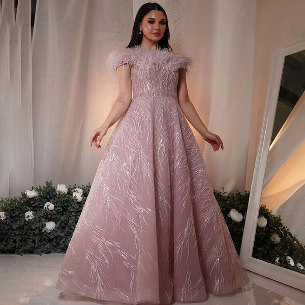 Serene Hill Arabic Pink A-Line Sexy Bot Neck Feather Beaded Luxury Evening Dresses Gowns 2025 For Women Wedding Party LA71726