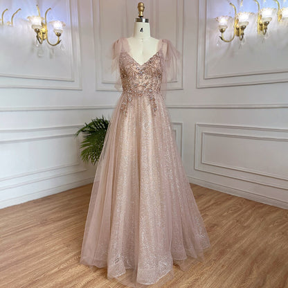 Serene Hill Arabic Pink A-Line Sexy V Neck Beaded Luxury Dubai Long Prom Dress 2025 Gowns For Women Party LA71904 - SERENE HILL