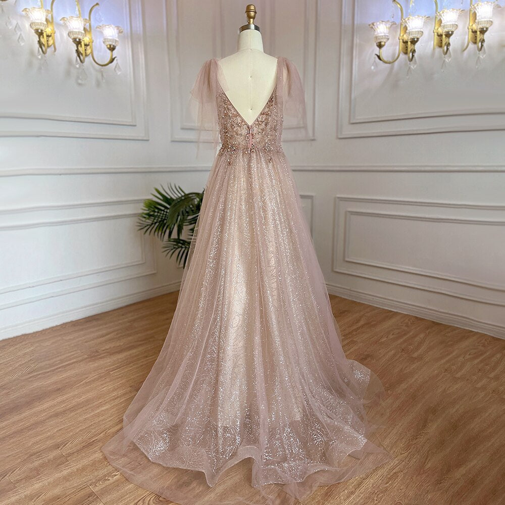 Serene Hill Arabic Pink A-Line Sexy V Neck Beaded Luxury Dubai Long Prom Dress 2025 Gowns For Women Party LA71904 - SERENE HILL