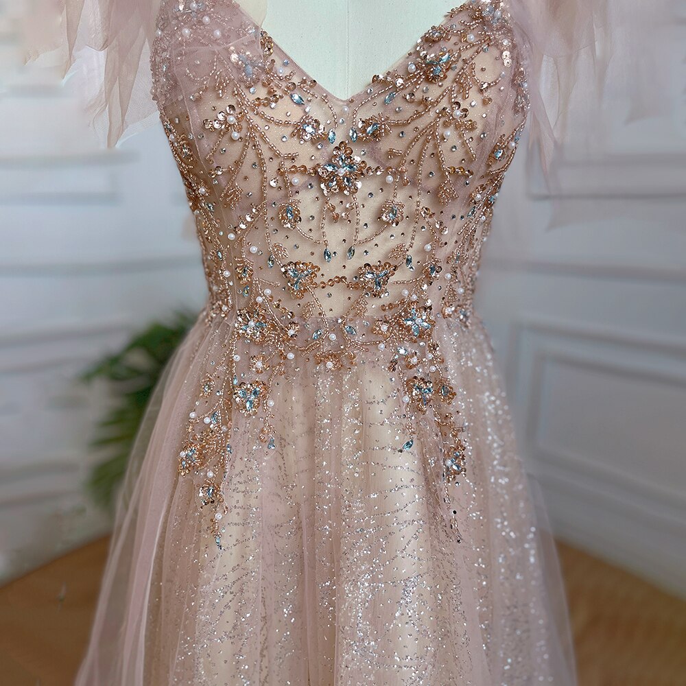 Serene Hill Arabic Pink A-Line Sexy V Neck Beaded Luxury Dubai Long Prom Dress 2025 Gowns For Women Party LA71904 - SERENE HILL