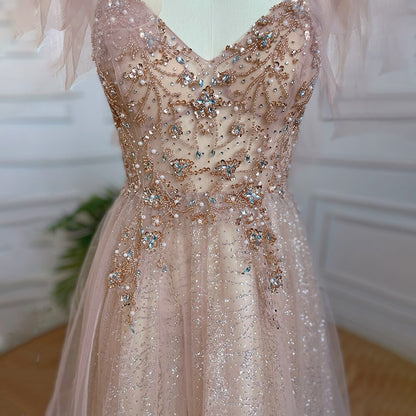 Serene Hill Arabic Pink A-Line Sexy V Neck Beaded Luxury Dubai Long Prom Dress 2025 Gowns For Women Party LA71904 - SERENE HILL