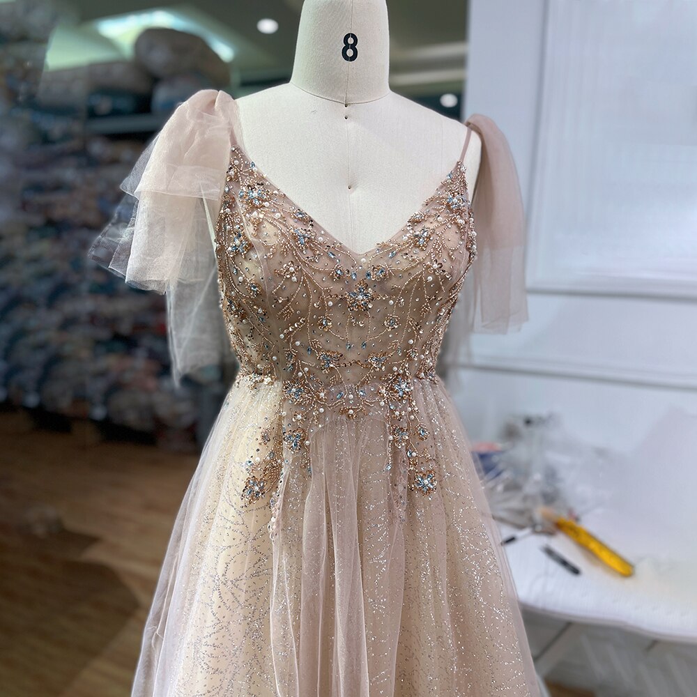Serene Hill Arabic Pink A-Line Sexy V Neck Beaded Luxury Dubai Long Prom Dress 2025 Gowns For Women Party LA71904 - SERENE HILL