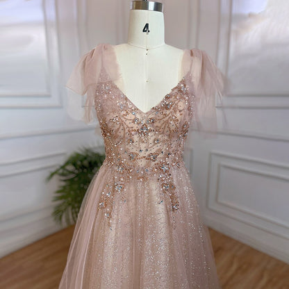 Serene Hill Arabic Pink A-Line Sexy V Neck Beaded Luxury Dubai Long Prom Dress 2025 Gowns For Women Party LA71904 - SERENE HILL