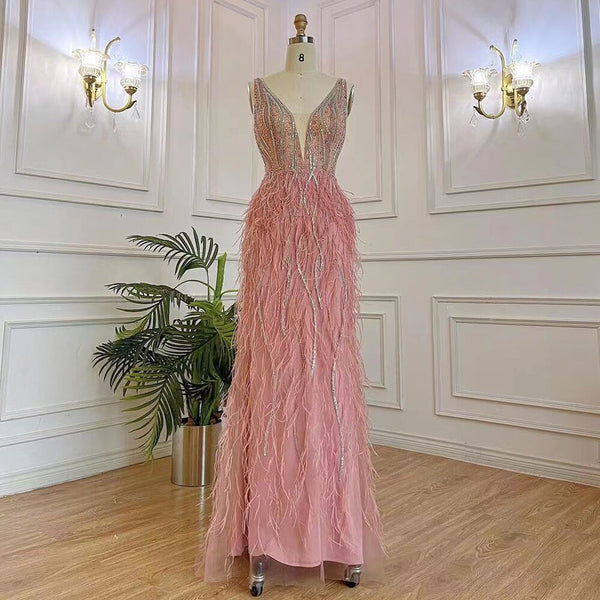 Serene Hill Arabic Pink Elegant Mermaid Sexy V Neck Evening Dresses Gowns Luxury Beaded Feather 2025 For Women Party LA71900