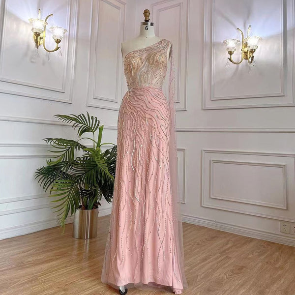 Serene Hill Arabic Pink Mermaid Elegant One Shoulder Beaded Long Evening Dresses Gowns 2025 For Women Party Night LA71901