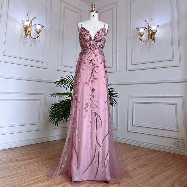 Serene Hill Arabic Pink Mermaid Sexy Spaghetti Straps Beaded Long Evening Dresses Gowns 2025 For Women Wedding Party LA71963