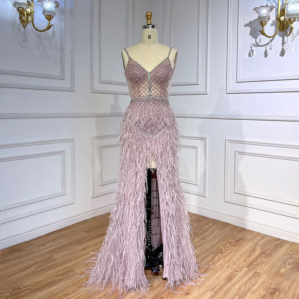 Serene Hill Arabic Pink Mermaid Split Feathers Beaded Formal Sexy Prom Dress For Women Wedding Party 2025 LA71827 - SERENE HILL